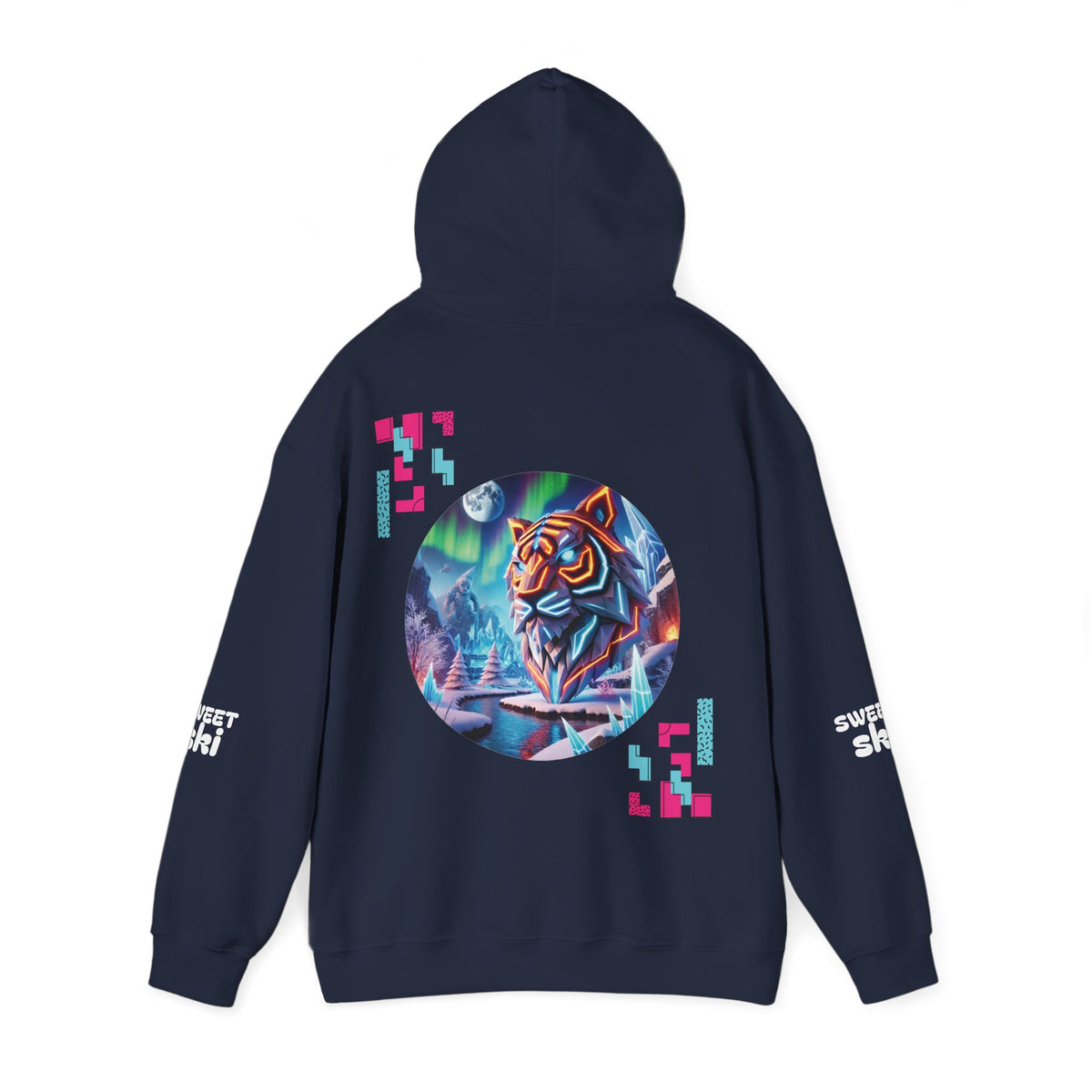 Digital Phantom tiger circle artwork Hoodie | Neon glitch cyberwolf design