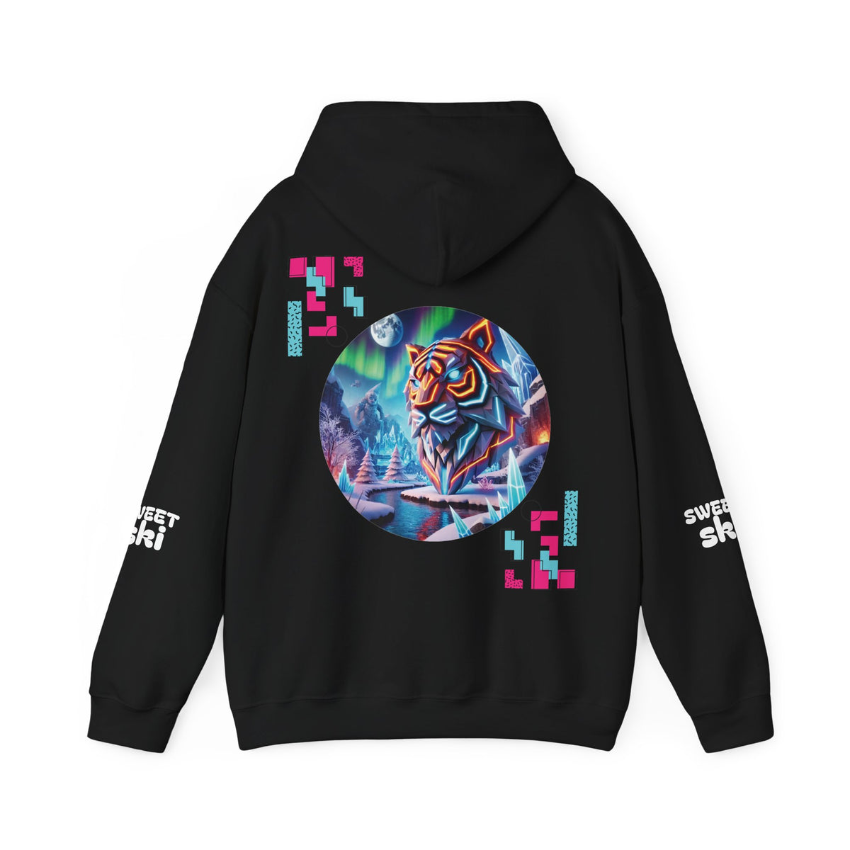 Digital Phantom tiger circle artwork Hoodie | Neon glitch cyberwolf design
