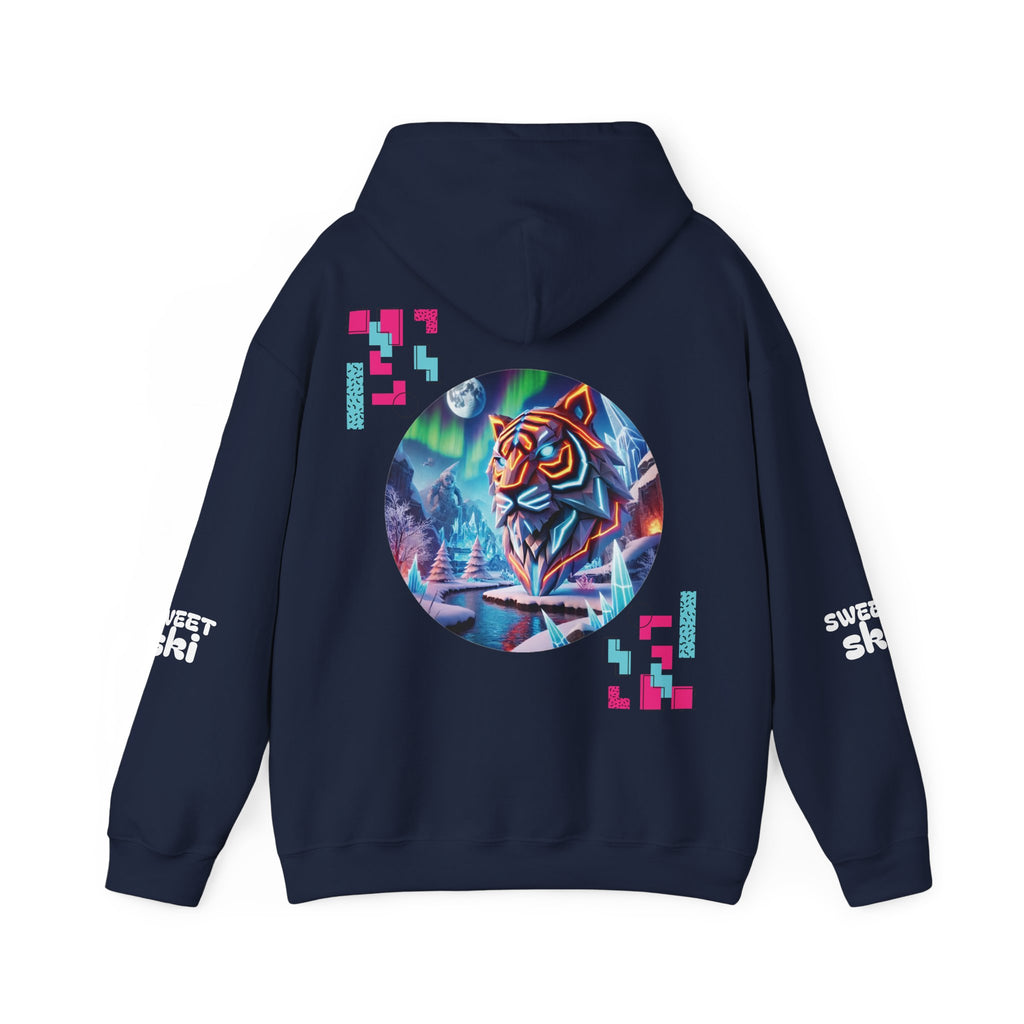 Digital Phantom tiger circle artwork Hoodie | Neon glitch cyberwolf design