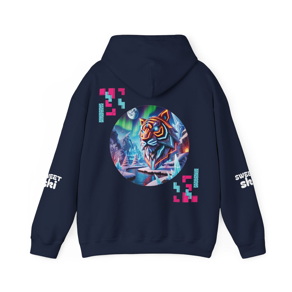 Digital Phantom tiger circle artwork Hoodie | Neon glitch cyberwolf design