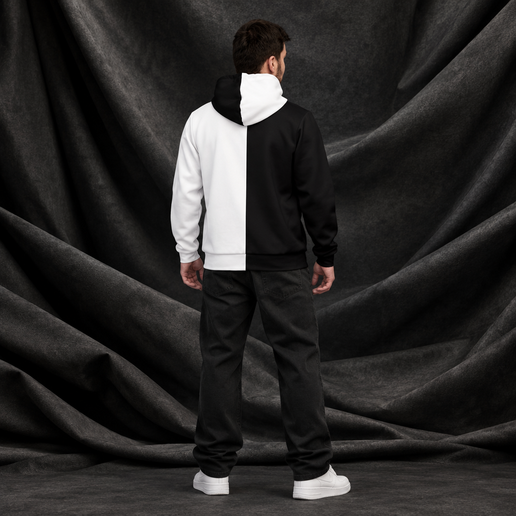 Hoodie porté, dos sur fond drapé
