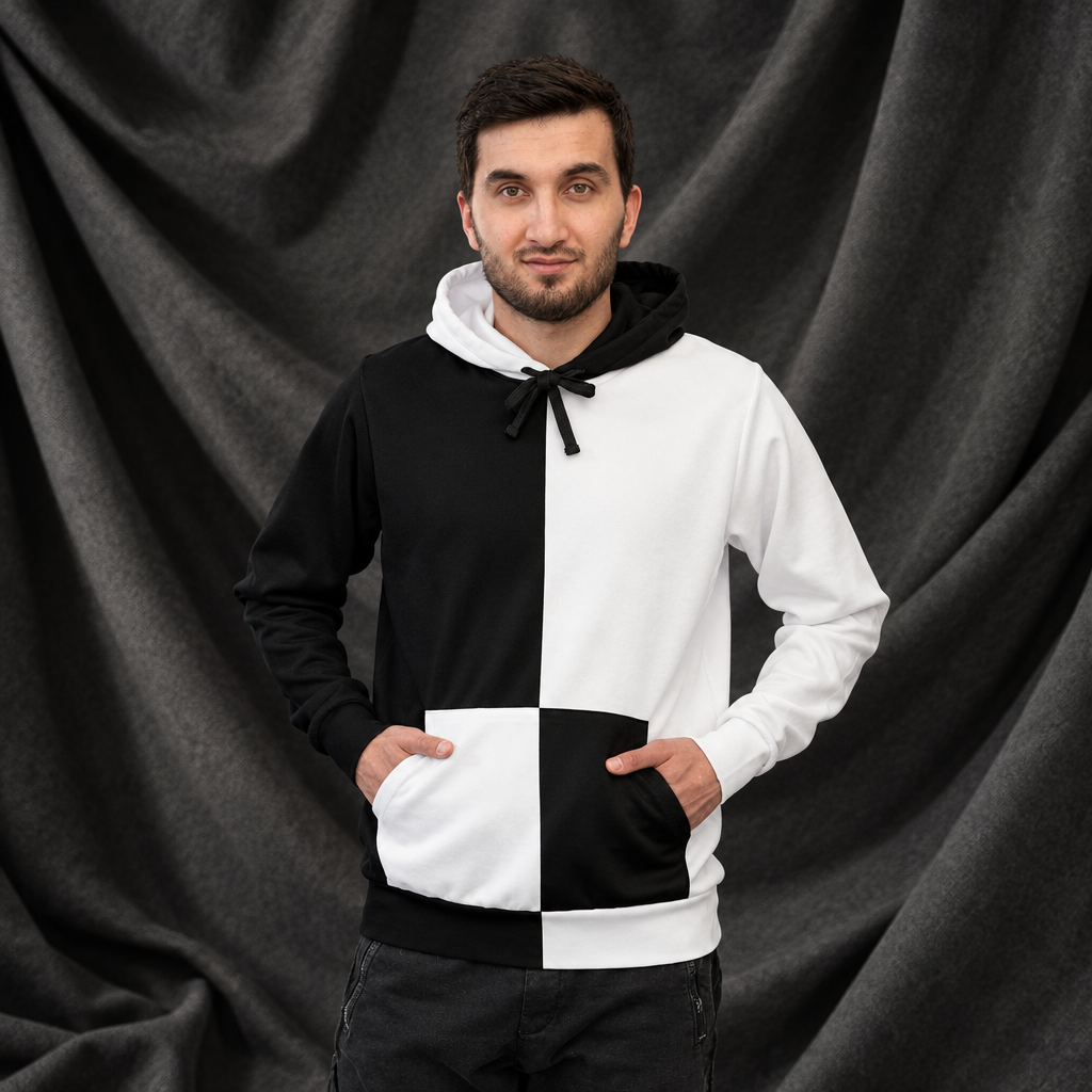 Hoodie porté, face sur fond drapé
