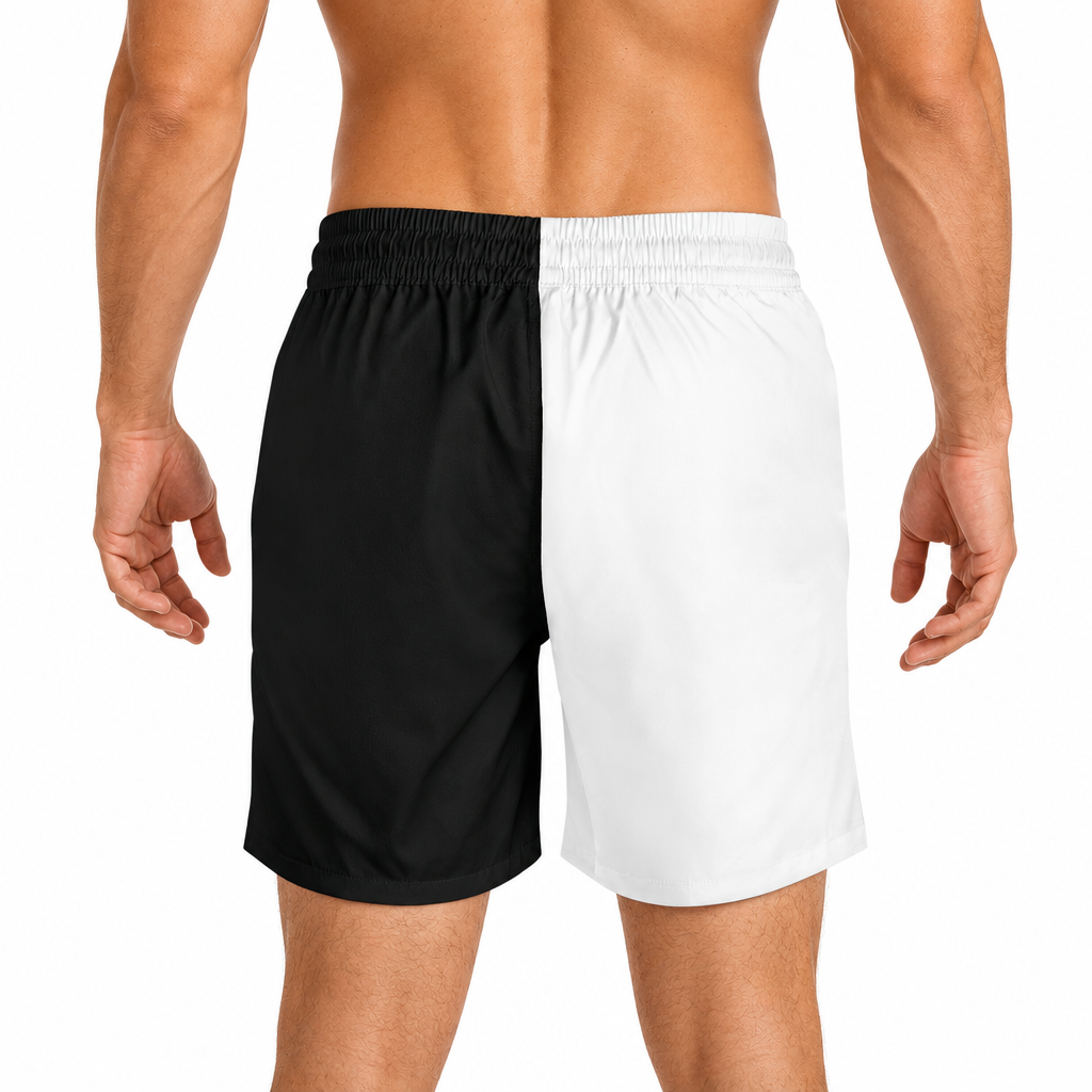 Short de bain noir et blanc porté, vue de dos sans logo